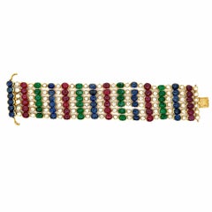 Vintage Solid Gold 88.40ctw Sapphire Ruby Emerald Diamond 6 Strand Wide Bracelet