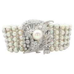 Mid Century 14k White Gold 10ctw Diamonds Pearl Wide Multi Strand Bracelet