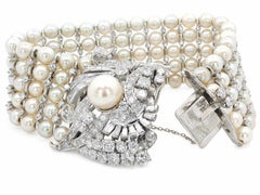 Mid Century 14k White Gold 10ctw Diamonds Pearl Wide Multi Strand Bracelet