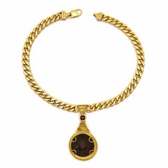 Vintage 14k Yellow Gold Ancient Roman Coin w/ Ruby Curb Link Necklace