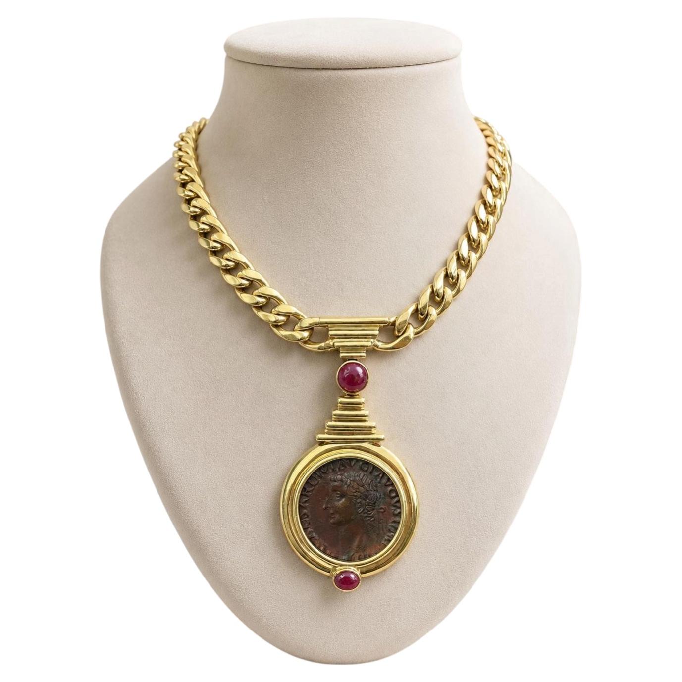 Vintage 14k Yellow Gold Ancient Roman Coin w/ Ruby Curb Link Necklace
