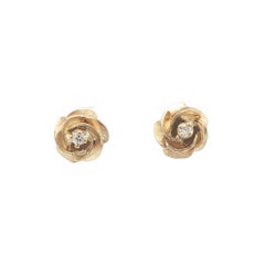 Vintage Yellow Gold Round Diamond Textured Rose Flower Stud Earrings
