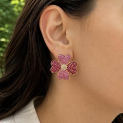 18k Yellow Gold Pave Ruby Pink Sapphire & Diamond Quatrefoil 4 Heart Earrings