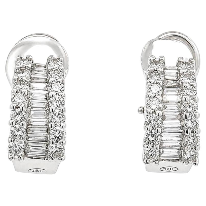 14k Gold 1.25ctw Round & Baguette Diamond 3 Row Huggie Cuff Omega Back Earrings
