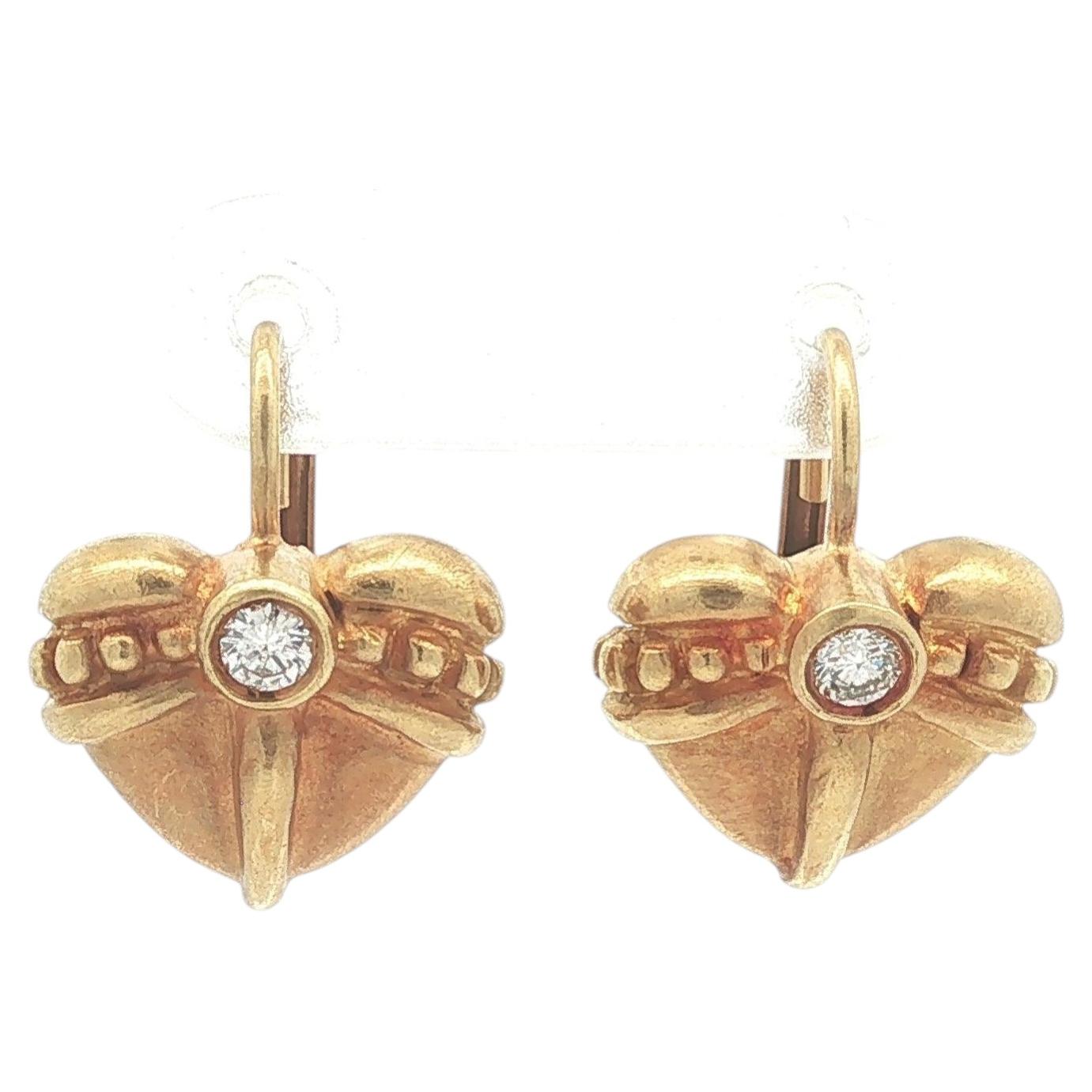Vintage Yellow Gold Diamond Puffed Heart Beaded Drop Lever Back Earrings