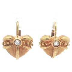 Vintage Yellow Gold Diamond Puffed Heart Beaded Drop Lever Back Earrings