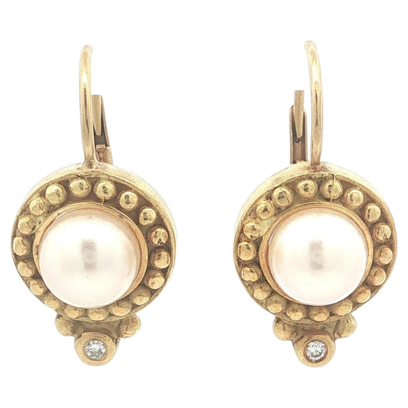 Elegant Solid Yellow Gold Pearl & Diamond Beaded Work Drop Earrings For Sale