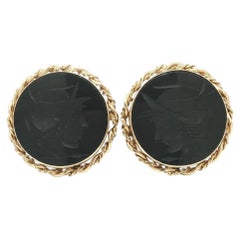 Vintage Solid Gold Intaglio Knight Trojan Black Hardstone Twisted Wire Cufflinks