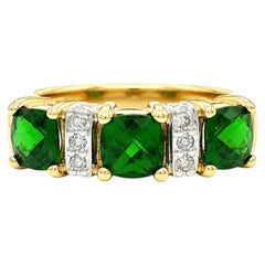 18k Yellow Gold Cushion Checkerboard Chrome Diopside & Diamond Stack Band Ring