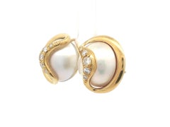 Aldo Cipullo Yellow Gold Mabe Pearl & Diamond Button Omega Back Earrings