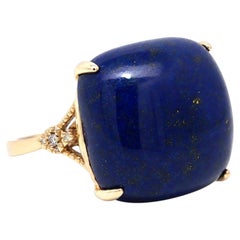 14k Yellow Gold Large Cushion Cabochon Lapis w/ Diamond Beaded Sides Ring
