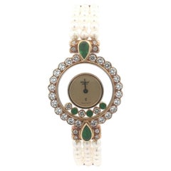 Vintage Chopard 18k Gold Happy Diamond Emerald Watch Multi Strand Pearl Bracelet