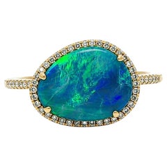 14k Yellow Gold Free Form Boulder Opal Framed In Diamonds Dainty Ring