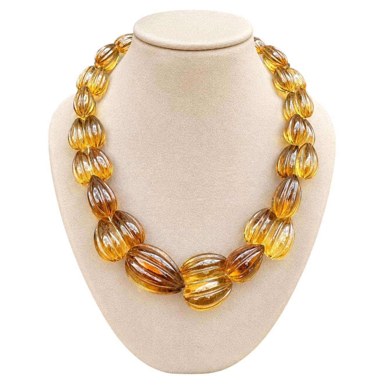 Graduated Carved Double Acorn Lemon Quartz Bead Necklace w/ 14k Gold Clasp