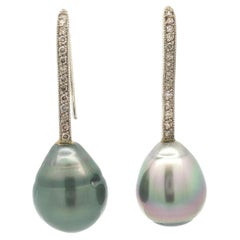 14k Gold Teardrop Gray Tahitian Pearl Pave Fancy Champagne Diamond Hook Earrings