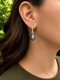 14k Gold Teardrop Gray Tahitian Pearl Pave Fancy Champagne Diamond Hook Earrings