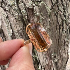 Vintage Handmade Yellow Gold 28ct Emerald Cut Deep Orange Citrine Solitaire Ring