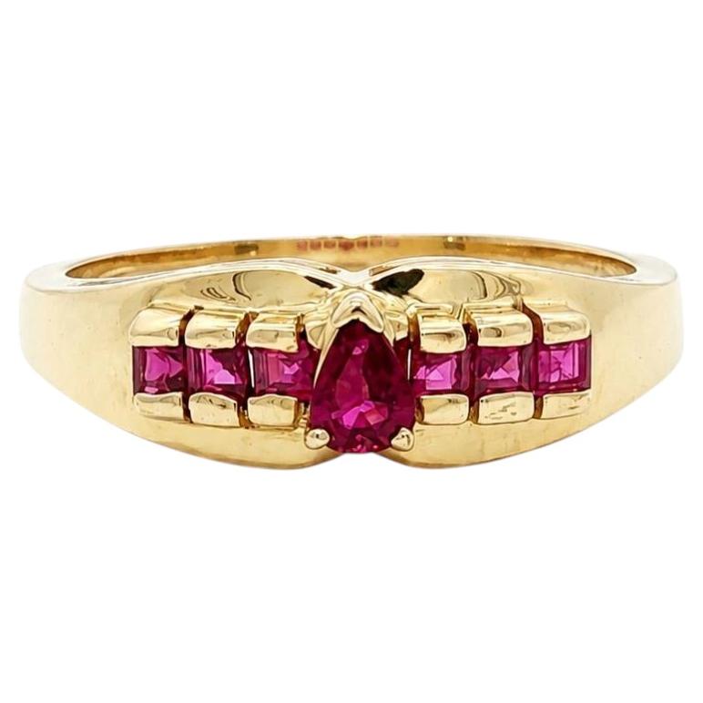 Solid 14k Yellow Gold 0.35ctw Pear & Square Step Cut Ruby Ring Band For Sale