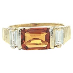 14k Yellow Gold Channel Bar Emerald Cut Citrine Baguette Diamond Sides Band Ring
