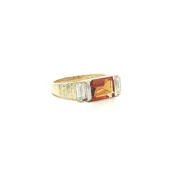 14k Yellow Gold Channel Bar Emerald Cut Citrine Baguette Diamond Sides Band Ring