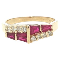 14k Yellow Gold 0.80ctw Baguette Ruby & Round Diamond Pyramid Band Ring