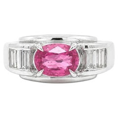 Vintage Platinum GIA 2.4ctw No Heat Pink Sapphire Baguette Diamond Shoulder Ring