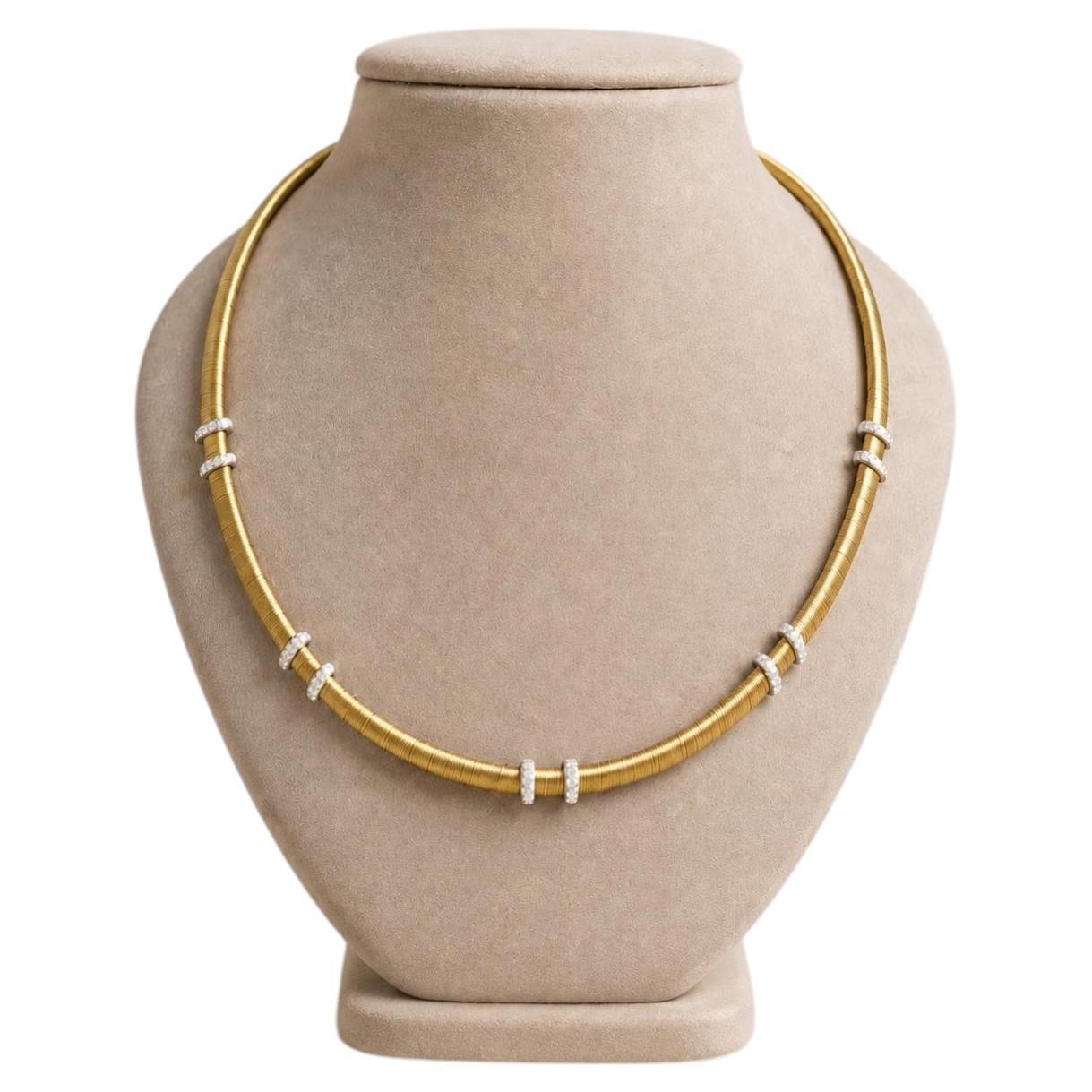 18k Solid Gold 16" Silky Weave Flexible Omega Necklace w/ Pave Diamond Stations For Sale