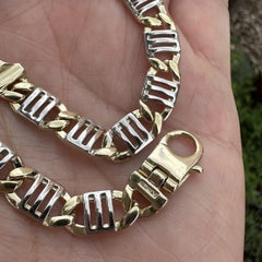 Bracelet pour homme en or italien jaune et blanc 14 carats à maillons ouverts, avec fermoir mousqueton
