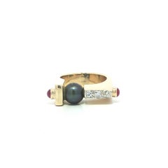 Vintage 14k Yellow Gold Floating Tahitian Pearl w/ Diamond & Ruby Square Ring