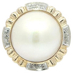 14k Yellow Gold 14.5mm Mabe Pearl w/ Diamond Grooved Ribbed Round Platter Ring