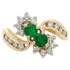 14k Yellow Gold 0.76ctw Round Emerald & Diamond Bypass Flower Cluster Ring