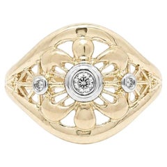 14k Yellow Gold Round Diamond Polished & Matte Finish Open Flower Ring