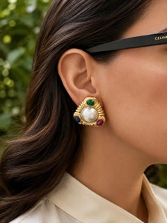 Large 14k Gold Mabe Pearl Sapphire Ruby & Emerald Triangle Clip On Earrings