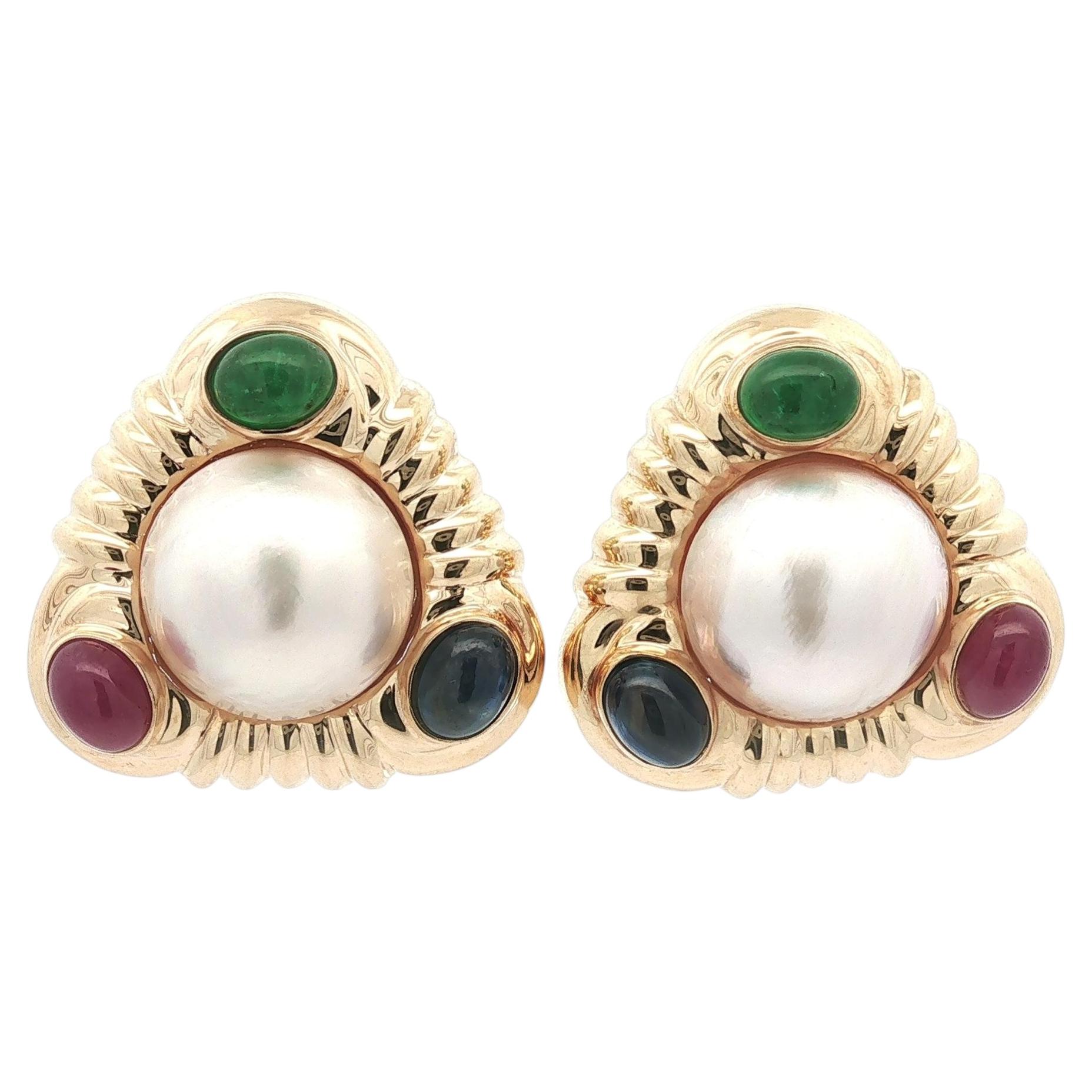 Large 14k Gold Mabe Pearl Sapphire Ruby & Emerald Triangle Clip On Earrings For Sale