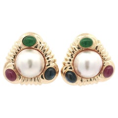 Large 14k Gold Mabe Pearl Sapphire Ruby & Emerald Triangle Clip On Earrings