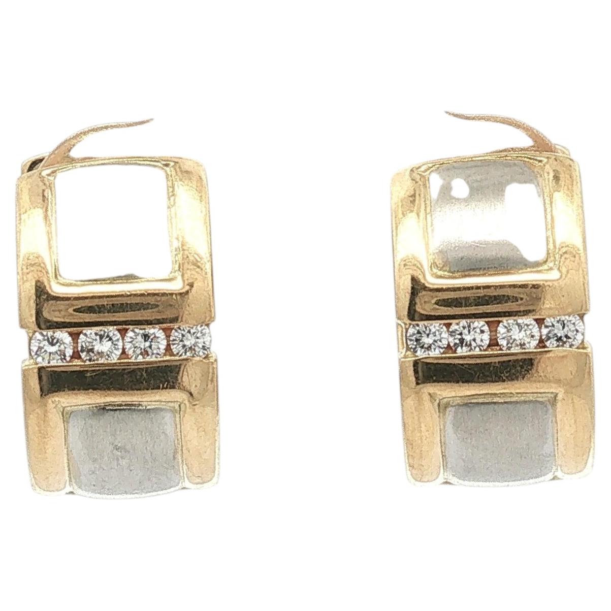 18k Yellow Gold & Platinum Diamond Matte & Polished Wide Huggie Hoop Earrings For Sale