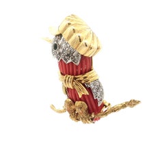 Vintage 14k Gold Carved Coral Diamond Detailed Bird Wearing Hat & Scarf Brooch