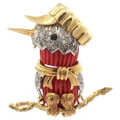 Vintage 14k Gold Carved Coral Diamond Detailed Bird Wearing Hat & Scarf Brooch