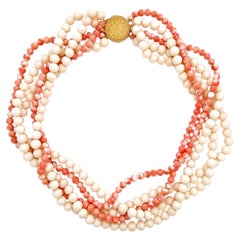 18" Bead Angel Skin Coral 5 Strand Necklace w/ 14k Yellow Gold Clasp