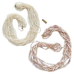18k Gold Clasp Seed Pearls & Fresh Water Pearls 2 Multi Torsade Necklaces