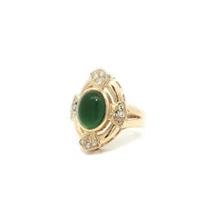 Vintage 18k Yellow Gold Oval Cabochon Deep Green Onyx w/ Diamond Platter Ring