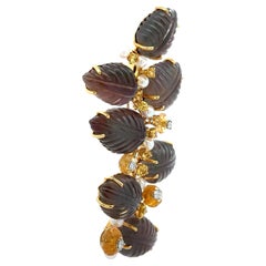Seaman Schepps Gold Carved Quartz Citrine Diamond Sapphire Large Leaf Brooch