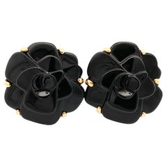 Vintage CHANEL French Camelia 18k Gold Large Carved Flower Black Stone Earrings