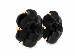 Vintage CHANEL French Camelia 18k Gold Large Carved Flower Black Stone Earrings