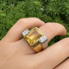 Vintage French 18k Gold & Platinum GIA Yellow Sapphire & Diamond Geometric Ring