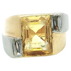 Vintage French 18k Gold & Platinum GIA Yellow Sapphire & Diamond Geometric Ring