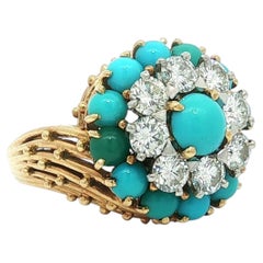 Anello vintage Cartier Paris in oro francese 18 carati con turchese e diamanti, realizzato a mano con motivo a spirale