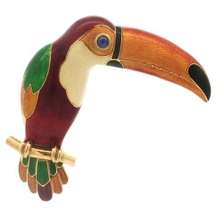 Magnificent 18k Yellow Gold Sapphire Bright Multicolor Enamel Toucan Bird Brooch