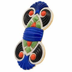 Vintage 18k Yellow Gold Lapis Coral Onyx Jade Diamond Art Deco Style Brooch Pin