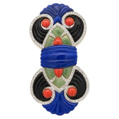 Vintage 18k Yellow Gold Lapis Coral Onyx Jade Diamond Art Deco Style Brooch Pin